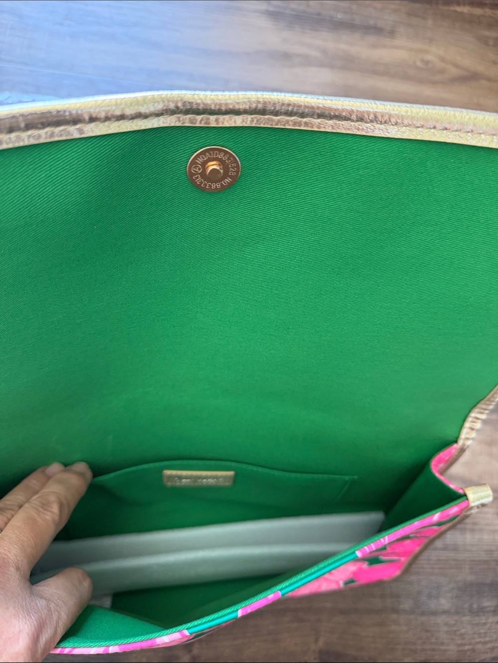 NEW Lilly Pulitzer Pink & Green Floral Envelope Clutch w/ white trim & Gold Trim - Picture 3 of 7